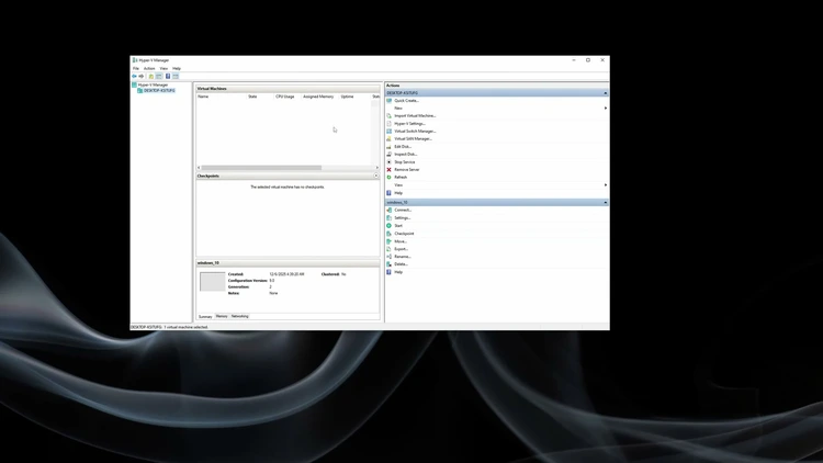 Hyper-V Manager open in Windows 10, confirming Hyper-V has been successfully activated