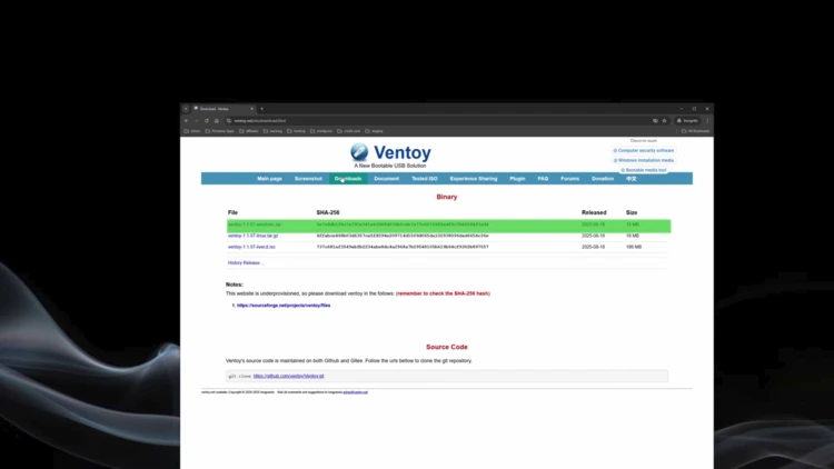 Ventoy downloads page showing the ventoy-1.1.07-windows.zip file selected for download.