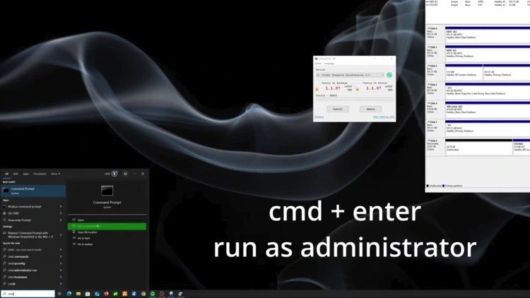 Disk Management showing all drives alongside opening Command Prompt as administrator to run diskpart.