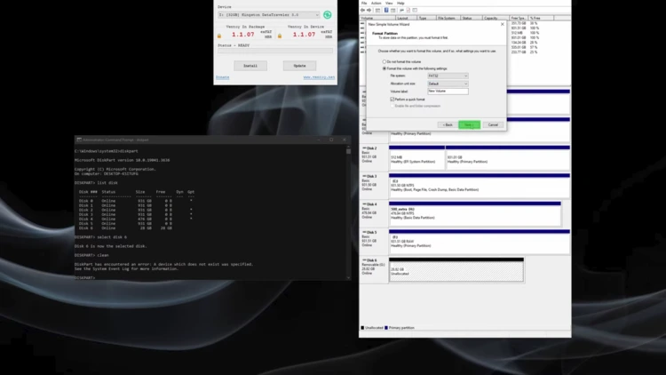 New Simple Volume Wizard formatting the drive as FAT32 with default allocation size and quick format enabled, alongside the diskpart clean command.