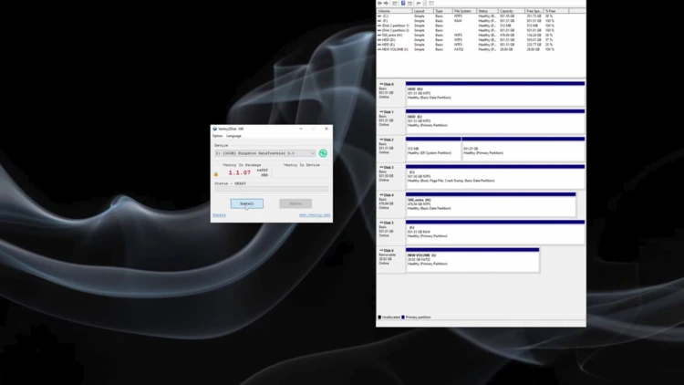 Ventoy2Disk tool with the Install button selected, and Disk Management showing the new FAT32 volume on the USB drive.