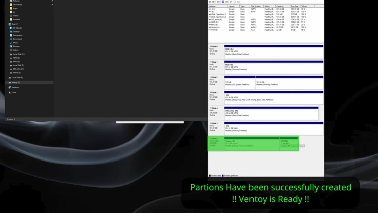 Disk Management showing the two partitions Ventoy created on the USB drive — an exFAT data partition and a small VTOYEFI boot partition.