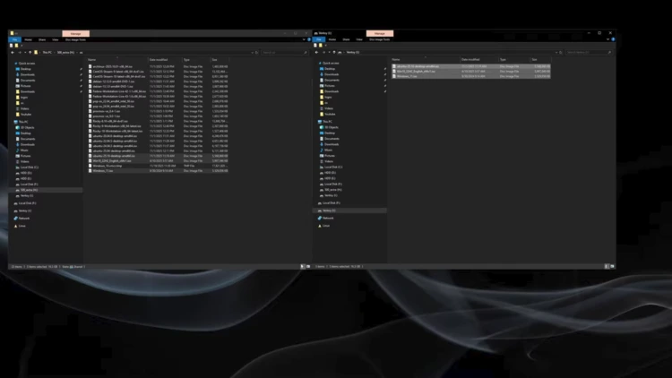 File Explorer windows side by side, copying Windows 10, Windows 11, and Ubuntu ISO files onto the Ventoy USB drive.