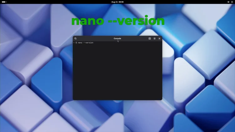 Terminal output of nano --version at the non-root prompt confirming nano installed successfully