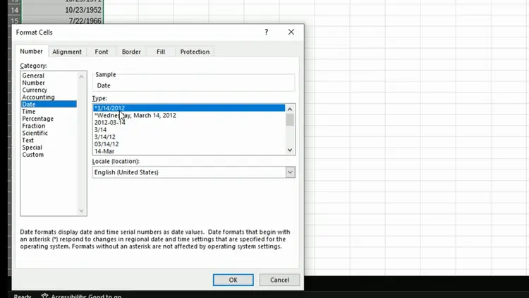 Excel Format Cells dialog open to the Date tab