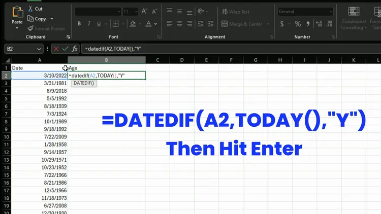 Excel cell B2 displaying calculated age value 2 from DATEDIF formula