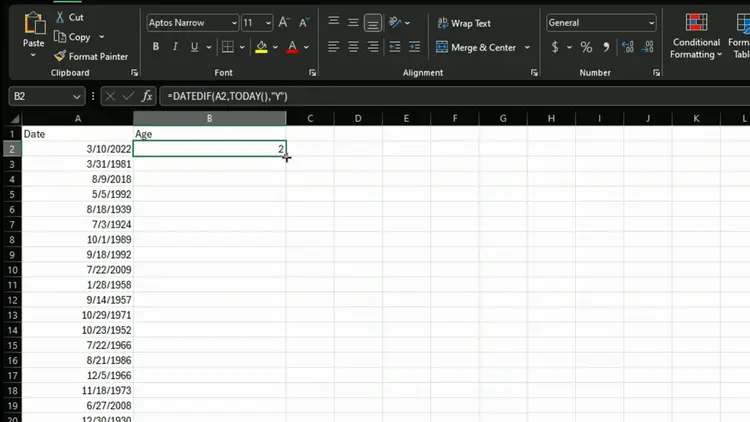 Excel fill handle (plus sign) at corner of cell B2 with calculated ages filled down column B