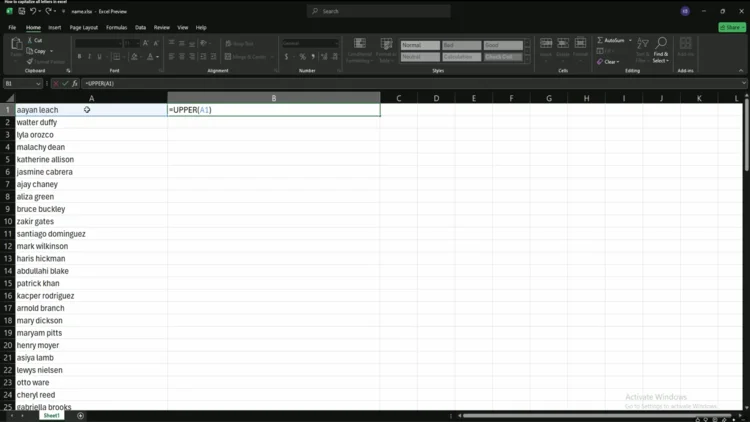 Excel spreadsheet showing the formula =UPPER(A1) being typed into cell B1, not yet entered, with column A containing a list of lowercase names