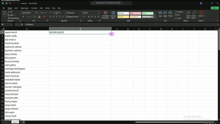 Close-up of cell B1's bottom-right corner showing the black fill handle (plus sign cursor) ready for double-click to auto-fill down