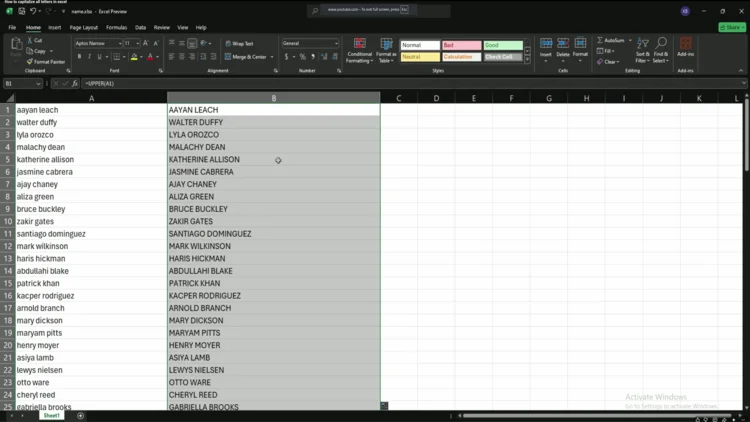 Excel spreadsheet showing every row in column B populated with the uppercase version of its corresponding row in column A after the fill-down