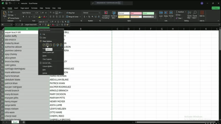 Excel for the Web, right-click menu open over the selected Column A, about to choose Paste Special to paste the uppercase values back as static text