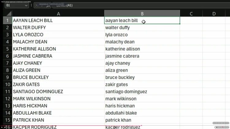 Excel spreadsheet showing column B dynamically updating to lowercase as new uppercase text is typed in column A