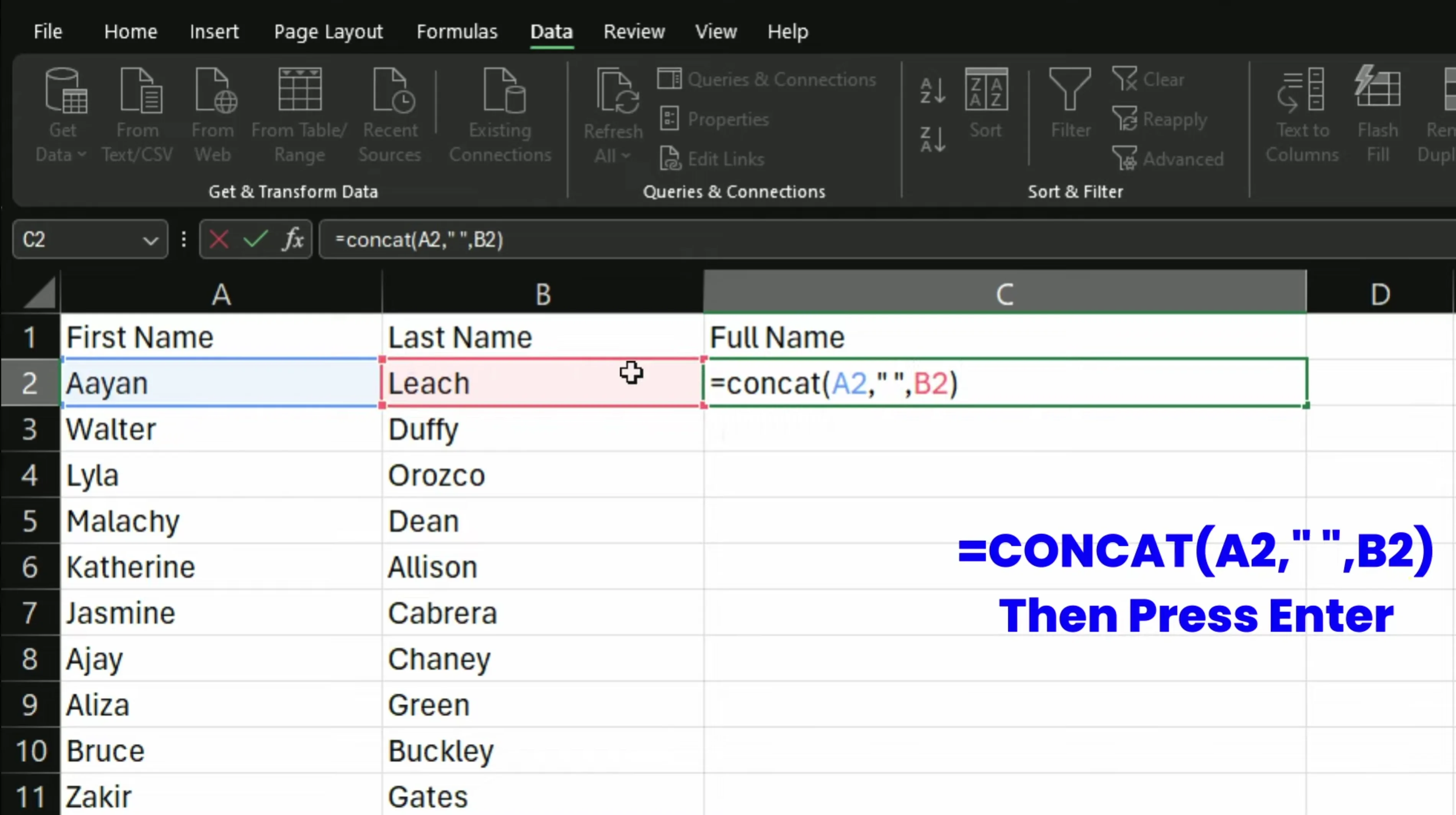 Cell C2 showing the combined result of the CONCAT formula