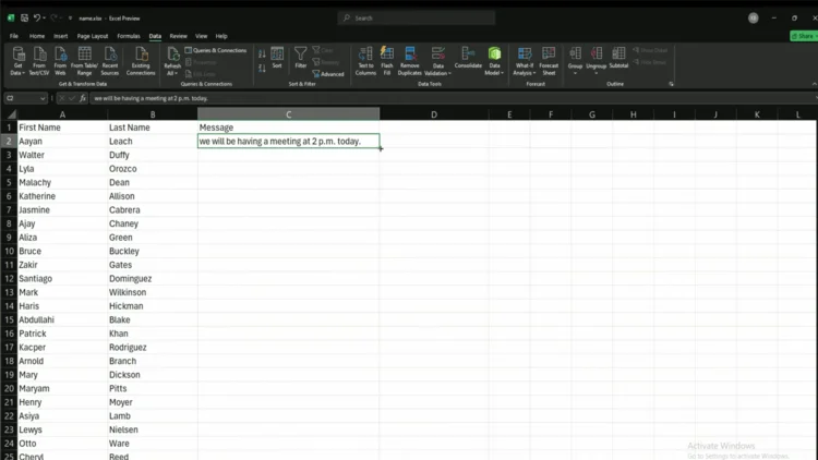Column C header labeled Message with the message text entered in C2 and the fill handle visible