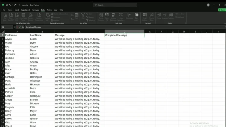 Column D header labeled Completed Message