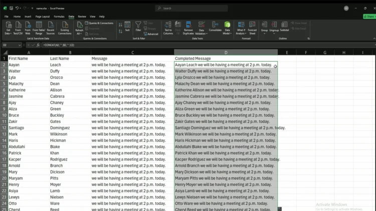 Fill handle double-clicked to copy CONCAT formula down through all rows