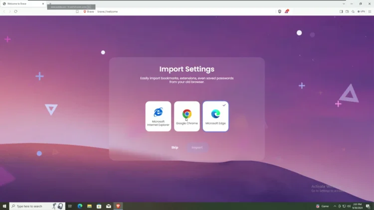Brave Browser first-run Import Settings screen on Windows 10