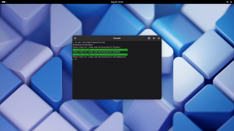 Terminal output showing /etc/apk/repositories with the community repo line visible and uncommented