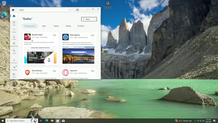 Screenshot of Firefox search results in the Microsoft Store