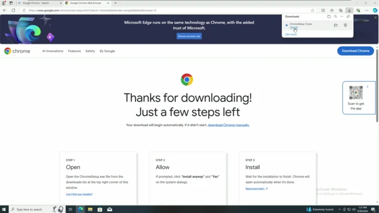Screenshot of the Google Chrome page in the Microsoft Store showing the Open button after installation