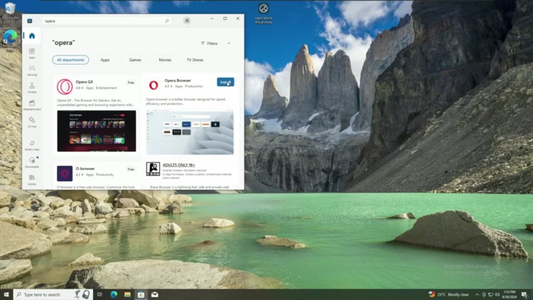 Screenshot of the Opera page in the Microsoft Store with the Install button visible