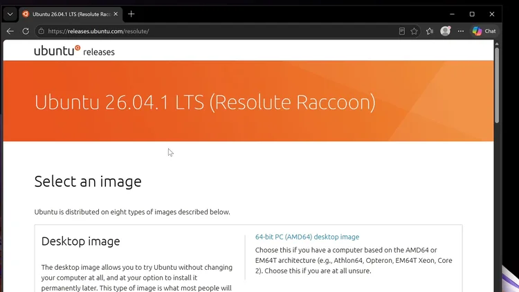 The Ubuntu 26.04 releases page with Select an image and the 64-bit PC (AMD64) desktop image link.