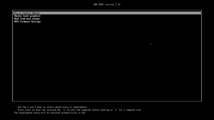 The GRUB menu with Try or Install Ubuntu, Ubuntu (safe graphics), Boot from next volume and UEFI Firmware Settings.