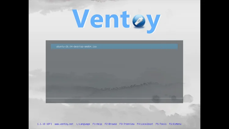 The Ventoy boot menu listing the ubuntu-26.04-desktop-amd64.iso file.