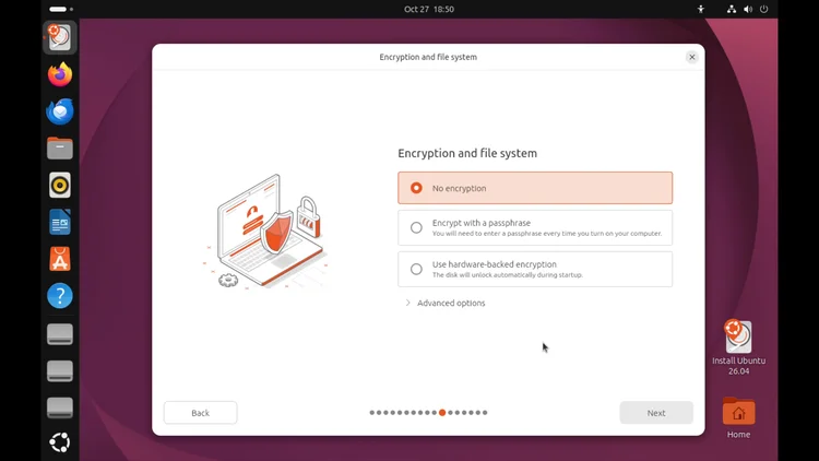 The Ubuntu installer Encryption and file system screen with No encryption selected.
