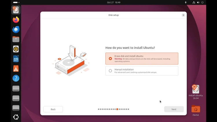 The Ubuntu installer Disk setup screen with Erase disk and install Ubuntu selected.