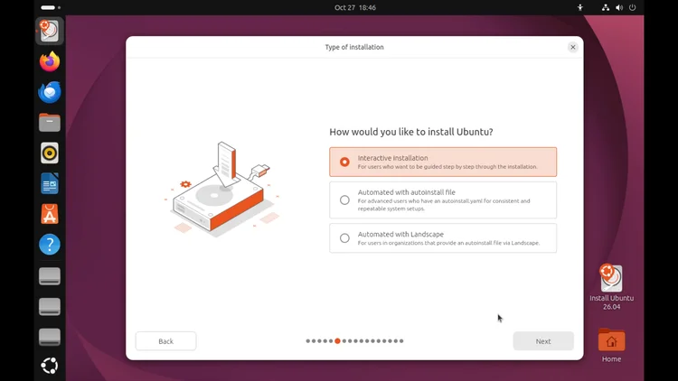 The Ubuntu installer How would you like to install Ubuntu screen with Interactive installation selected.