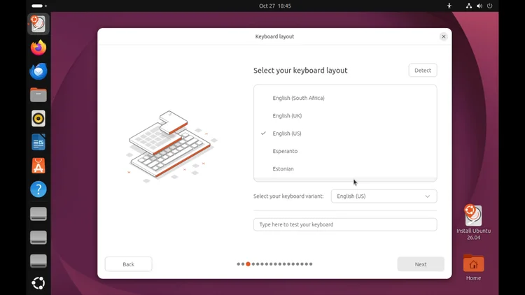 The Ubuntu installer Select your keyboard layout screen with English (US) selected.