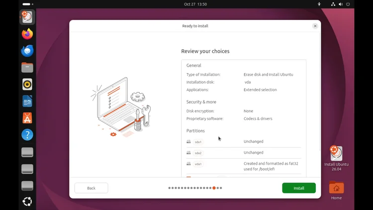 The Ubuntu installer Review your choices screen with the Install button.
