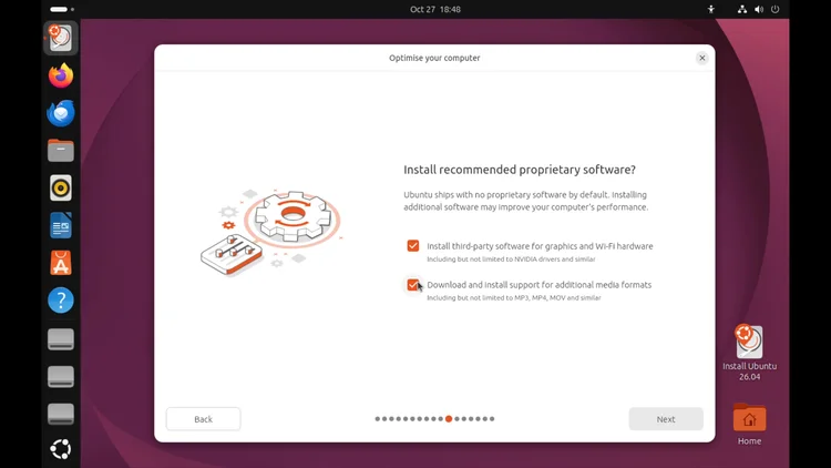 The Ubuntu installer Install recommended proprietary software screen with both options ticked.