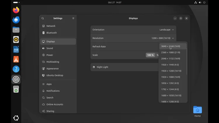 The Ubuntu Settings Displays page with the Resolution list open and 3840 x 2160 at the top.