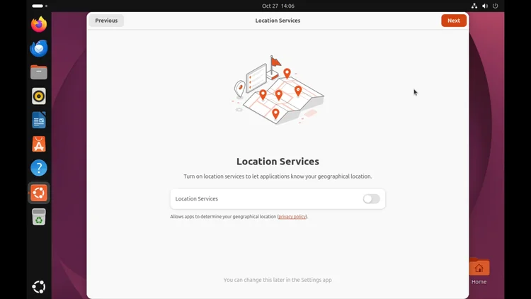 The Ubuntu first-run Location Services screen with the Location Services switch off.