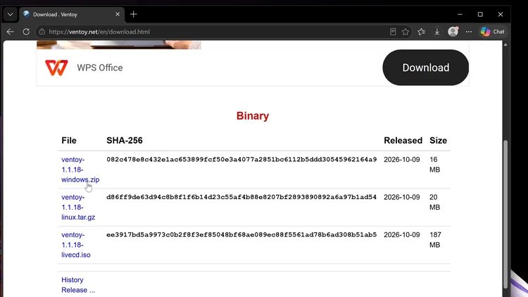 The ventoy.net download page listing the Ventoy Windows .zip file.