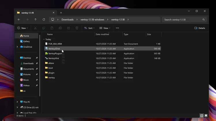 The Ventoy folder in File Explorer with the Ventoy2Disk application highlighted.