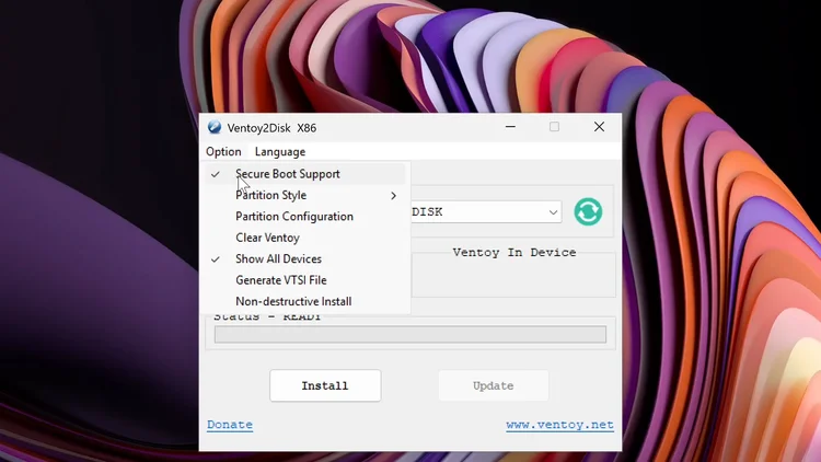 The Ventoy2Disk window with the Option menu open and Secure Boot Support ticked.