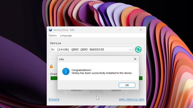 The Ventoy2Disk Info dialog saying Congratulations, Ventoy has been successfully installed to the device.