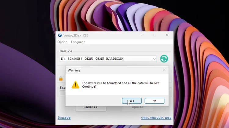 The Ventoy2Disk warning that the device will be formatted and all the data will be lost, with Yes and No buttons.