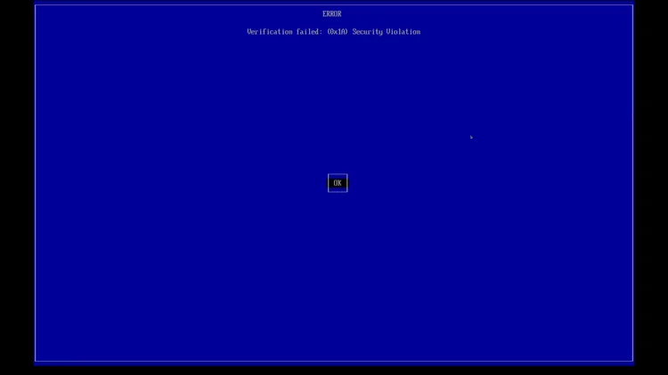 The blue Secure Boot error screen reading Verification failed: (0x1A) Security Violation, with an OK button.