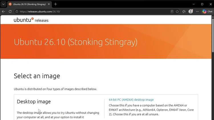 The Ubuntu 26.10 releases page with Select an image and the 64-bit PC (AMD64) desktop image link.