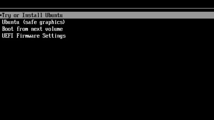 The GRUB menu with Try or Install Ubuntu, Ubuntu (safe graphics), Boot from next volume and UEFI Firmware Settings.