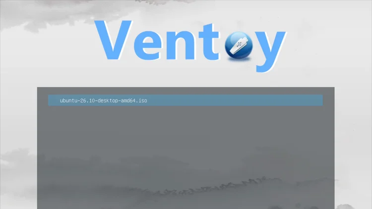 The Ventoy boot menu listing the ubuntu-26.10-desktop-amd64.iso file.