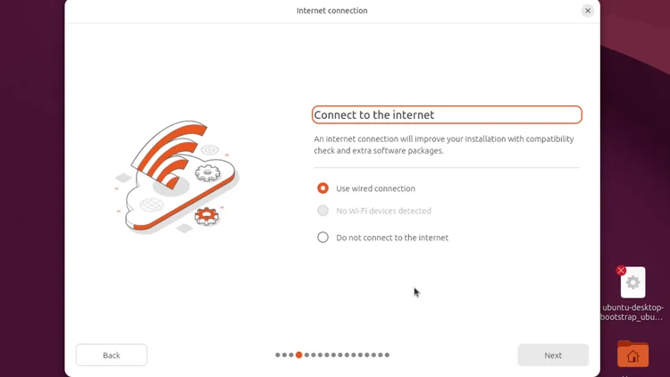 The Ubuntu installer Connect to the internet screen with Use wired connection selected.
