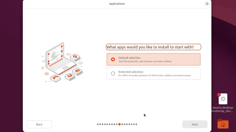 The Ubuntu installer Applications screen with Default selection and Extended selection.