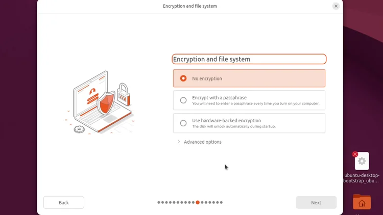 The Ubuntu installer Encryption and file system screen with No encryption selected.