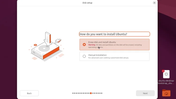 The Ubuntu installer Disk setup screen with Erase disk and install Ubuntu selected.