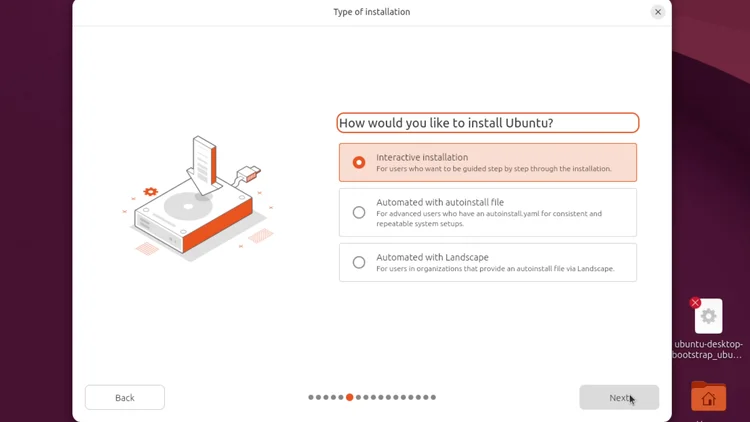 The Ubuntu installer How would you like to install Ubuntu screen with Interactive installation selected.
